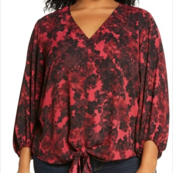 Vince Camuto Women’s Dark Floral Tie Front Blouse Vermillion Plus Size 2X - Picture 1 of 5